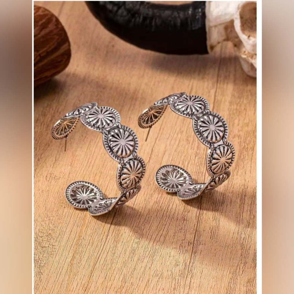Western Silver Floral Medallion Hoop Earrings